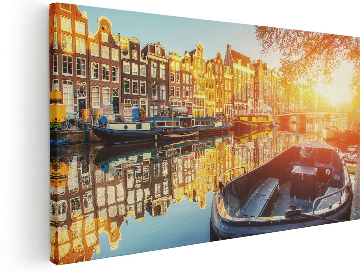 Artaza Canvas Schilderij Amsterdamse Brug - Gracht - Met Bloemen - 180x90 cm - Groot - Wanddecoratie Woonkamer - Schilderijen - Muurdecoratie