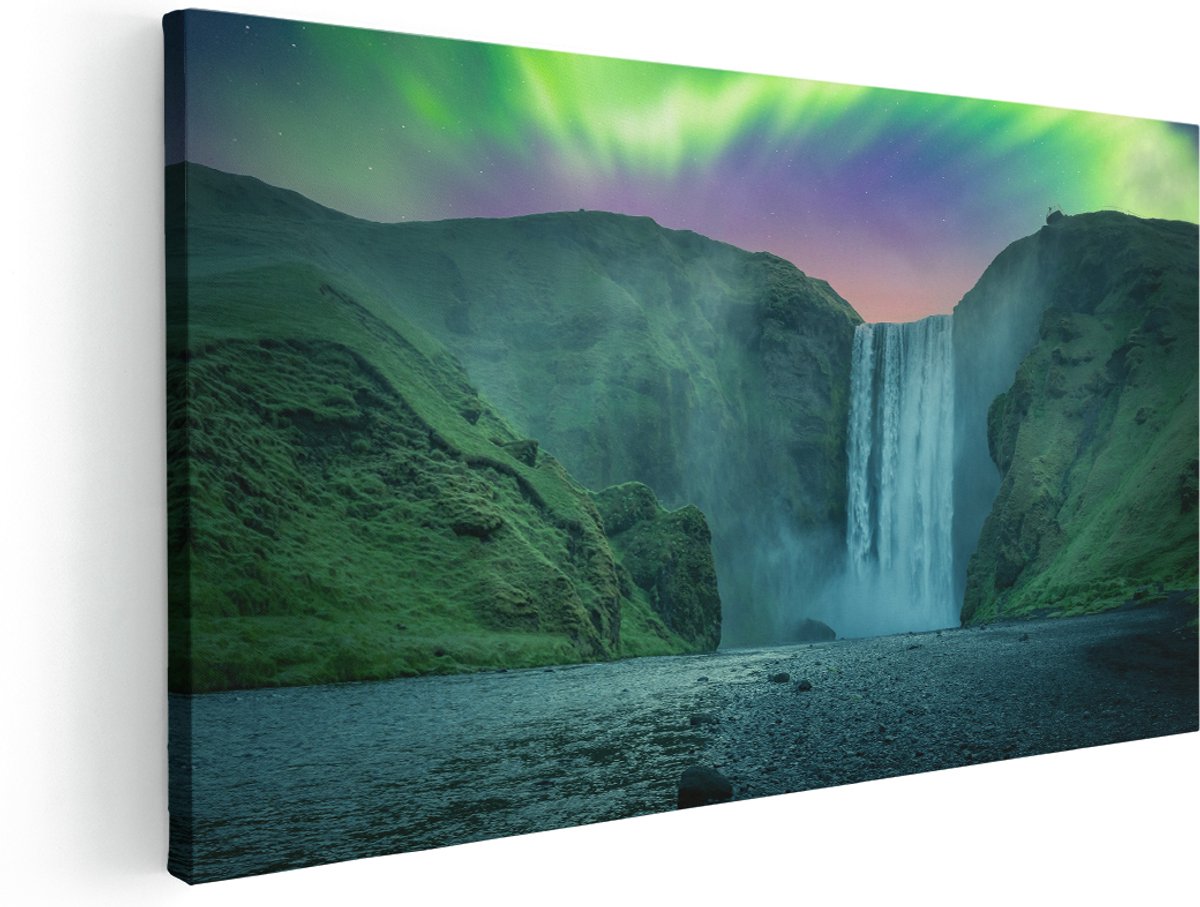 Artaza Canvas Schilderij Waterval Met Het Groene Noorderlicht - 180x90 cm - Groot - Wanddecoratie Woonkamer - Schilderijen - Muurdecoratie