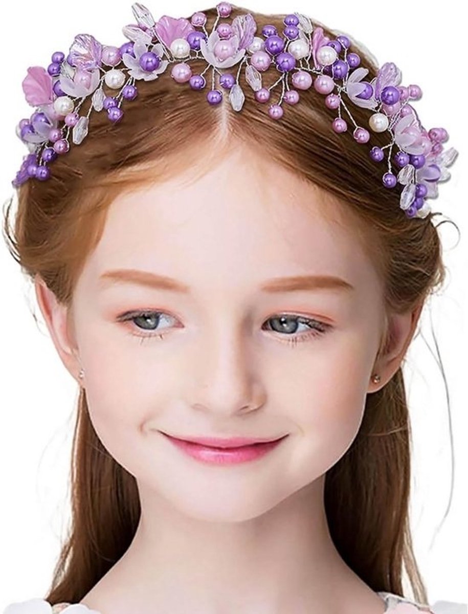 Paarse Bloem Hoofdband met Parels voor Meisjes - Verjaardag, Communie of Bruiloft Haaraccessoire