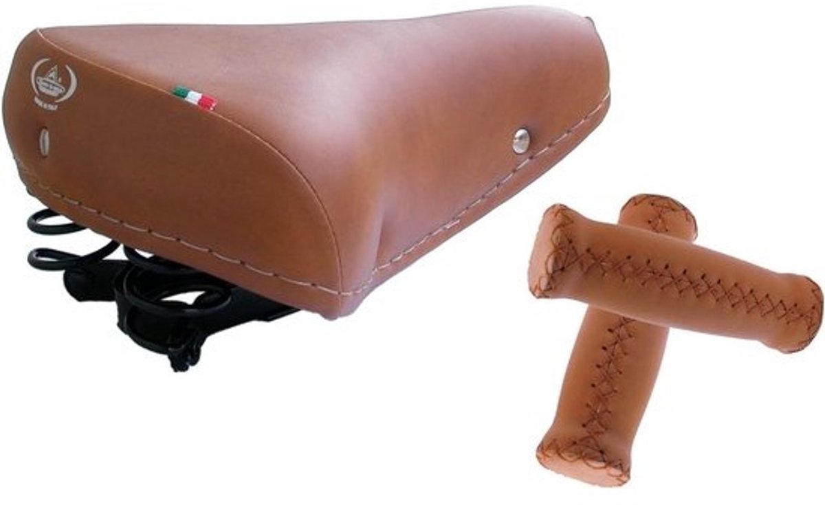 Geveerd Fietszadel met Handgrepen Set - Kunstleer - Vintage Bruin