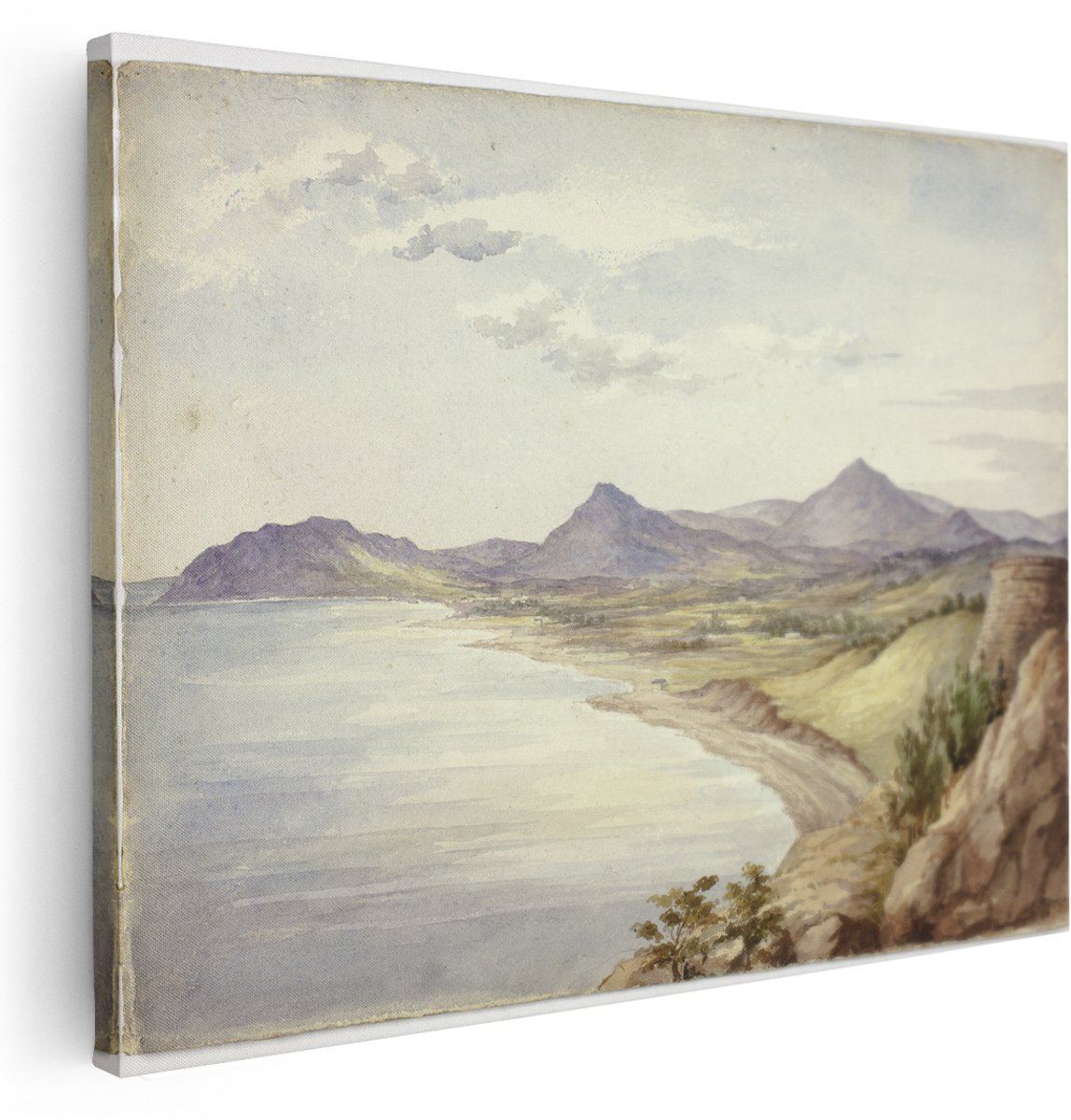 Artaza Canvas Schilderij Baai met Bergen - 160x120 cm - Groot - Wanddecoratie Landschap - Muurdecoratie Ronde Toren - Decoratie Woonkamer Vintage