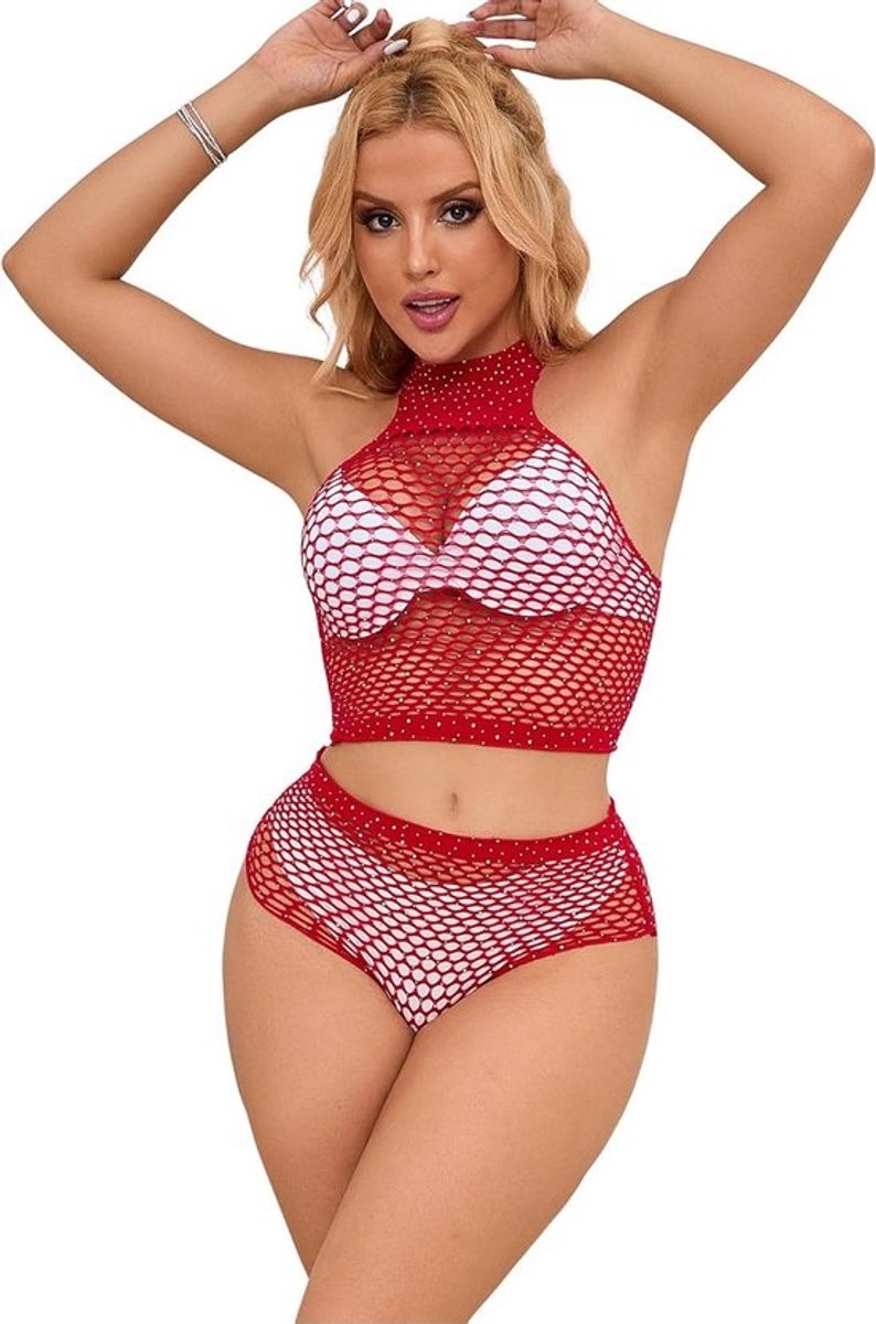 Sexy Fishnet Lingerie Set Plus Size Transparant Bodysuit met Strass