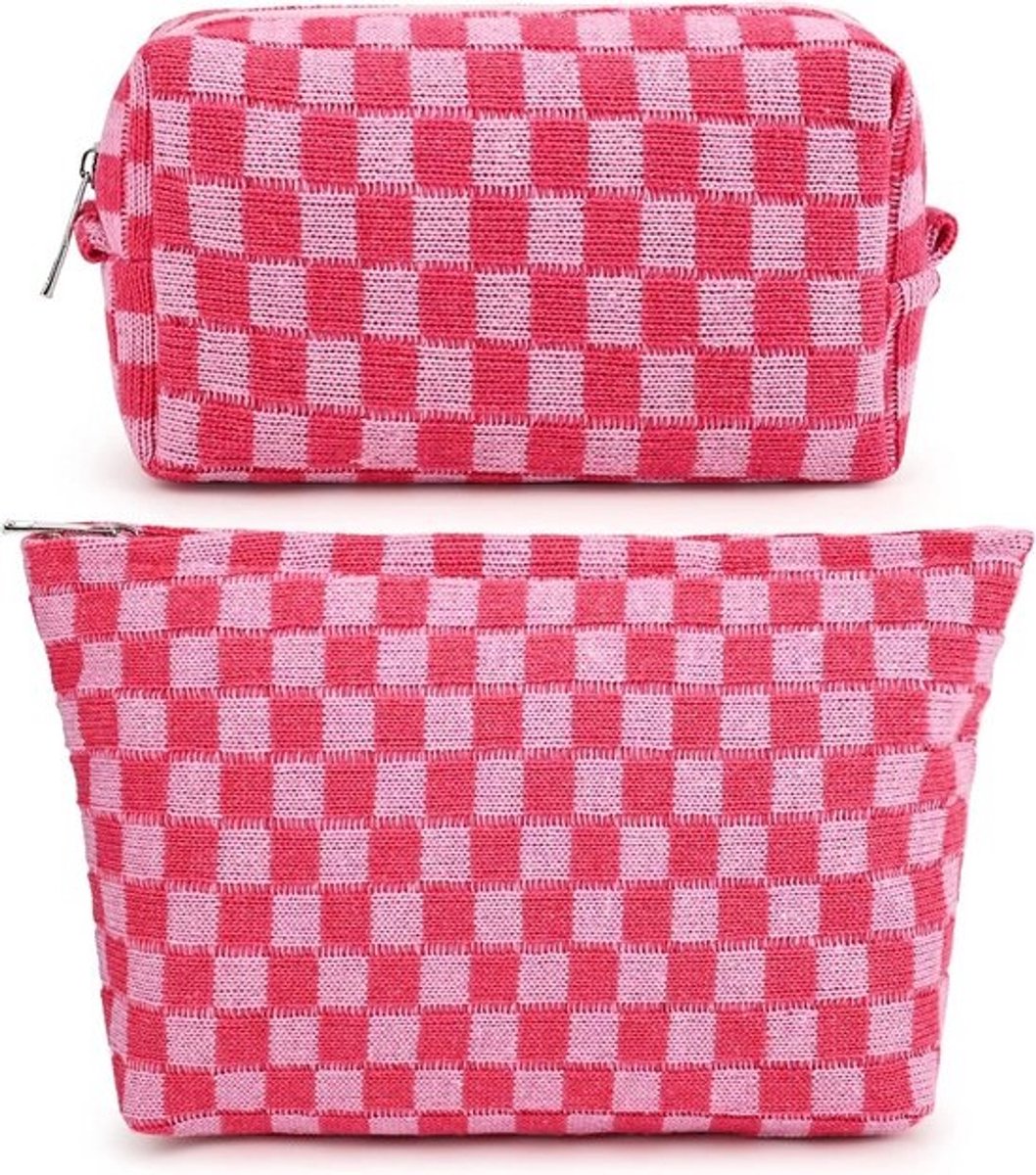 Grote geruite make-up tas - Canvas cosmetica etui voor reizen en dagelijks gebruik
