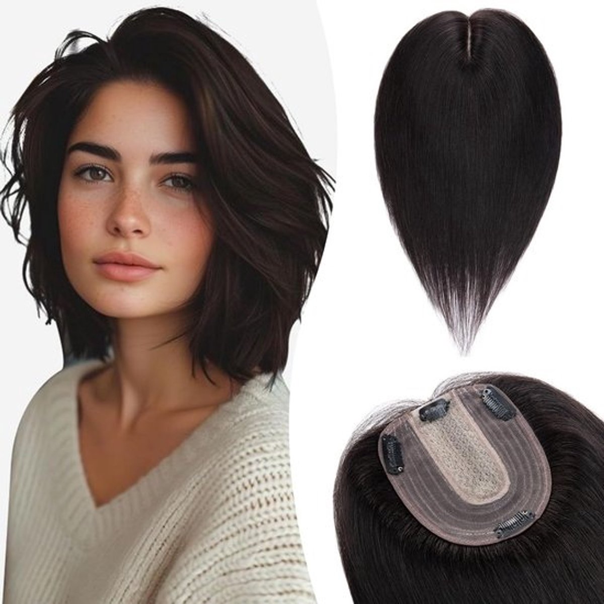Haartopper van Echt Haar voor Dames - Clip-in Toupet met Zijden Basis