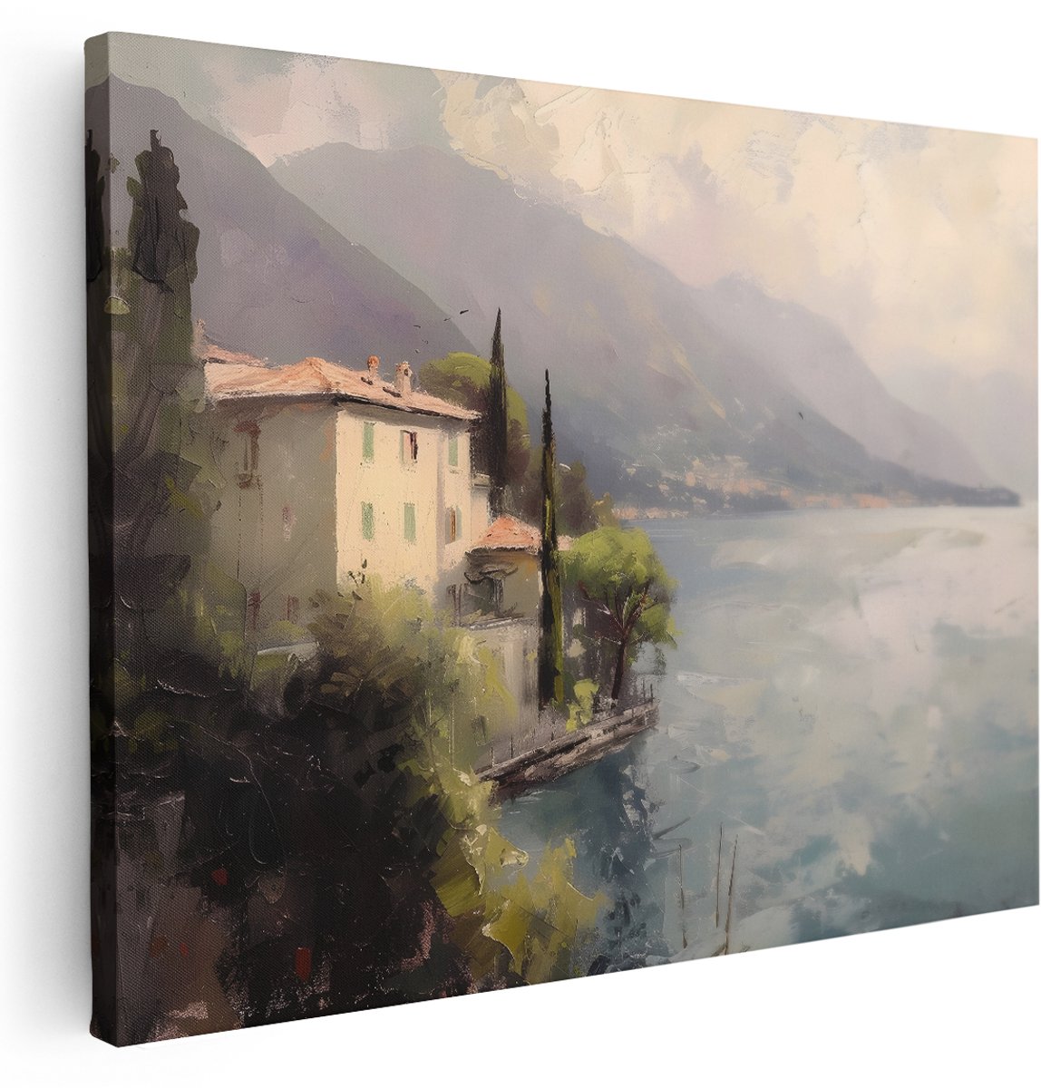 Artaza Canvas Schilderij Landschap Schilderij - 160x120 cm - Groot - Wanddecoratie Italiaanse Villa - Muurdecoratie Meer - Schilderijen Op Canvas Natuur
