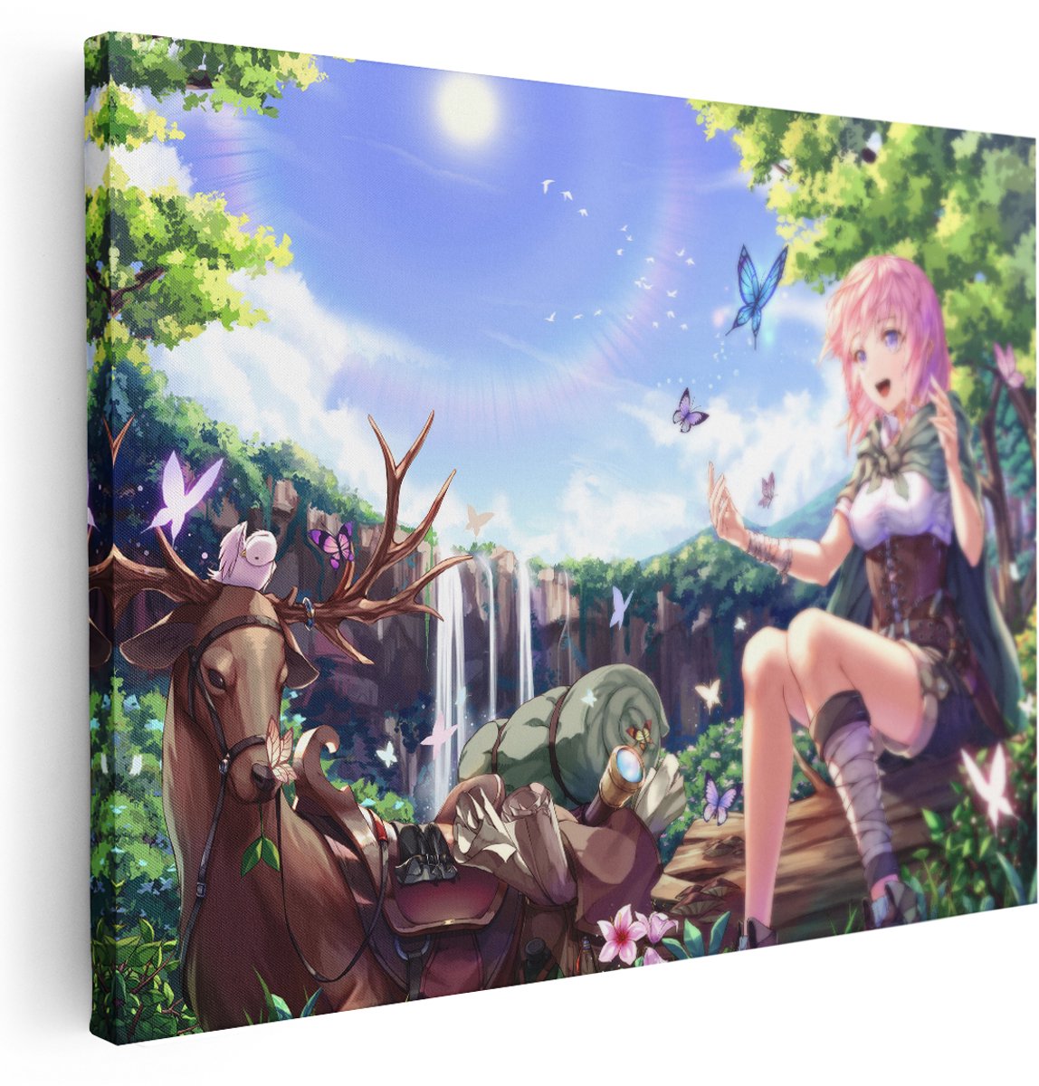 Artaza Canvas Schilderij Anime Bos - 160x120 cm - Groot - Muurdecoratie Hert - Wanddecoratie Vlinders - Kamer Accessoires Natuur - Roze