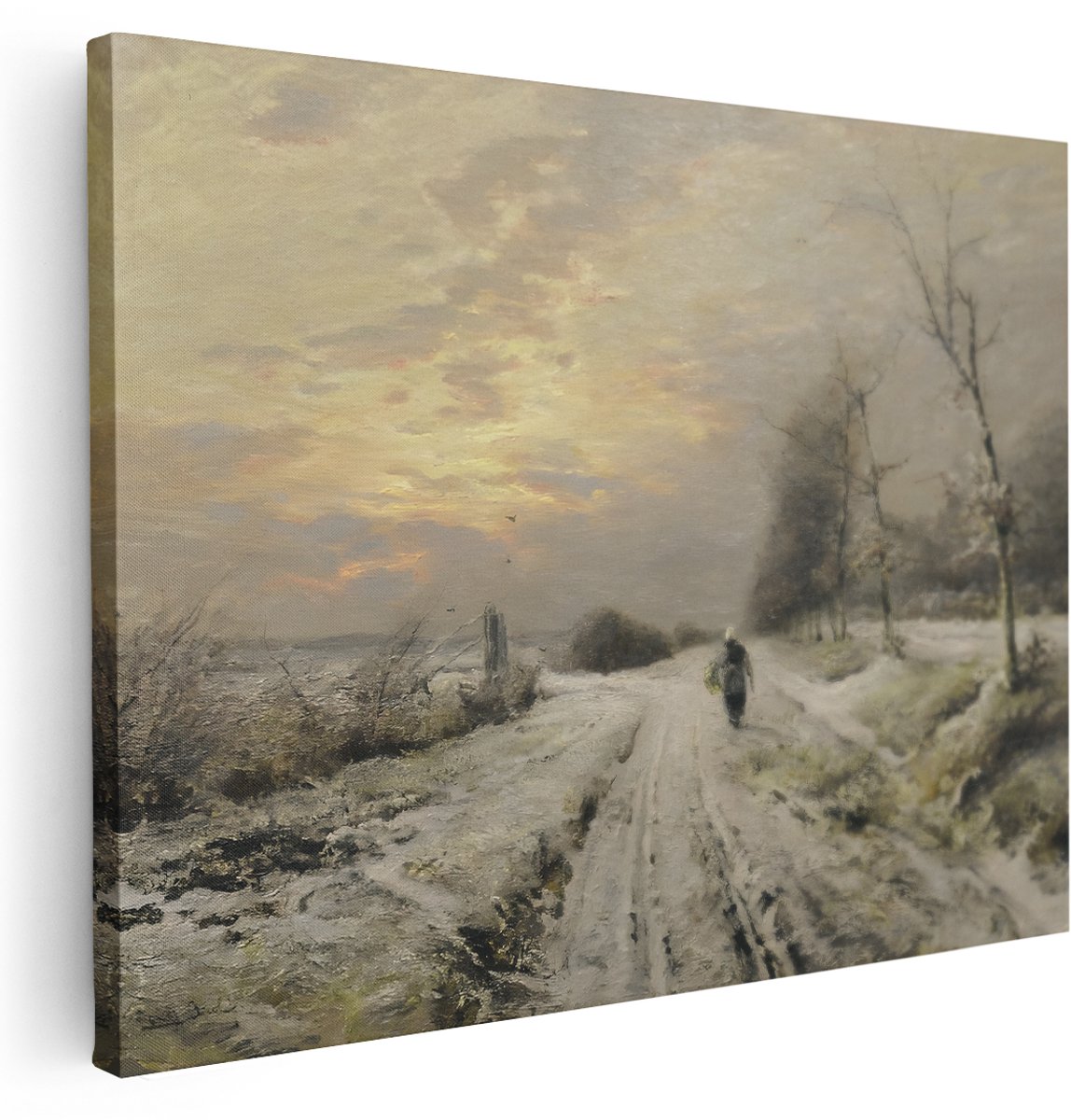 Artaza Canvas Schilderij Landschap Schilderij - 160x120 cm - Groot - Wanddecoratie Winter - Muurdecoratie Klassieke Oude Meesters - Decoratie Bomen Zonsondergang