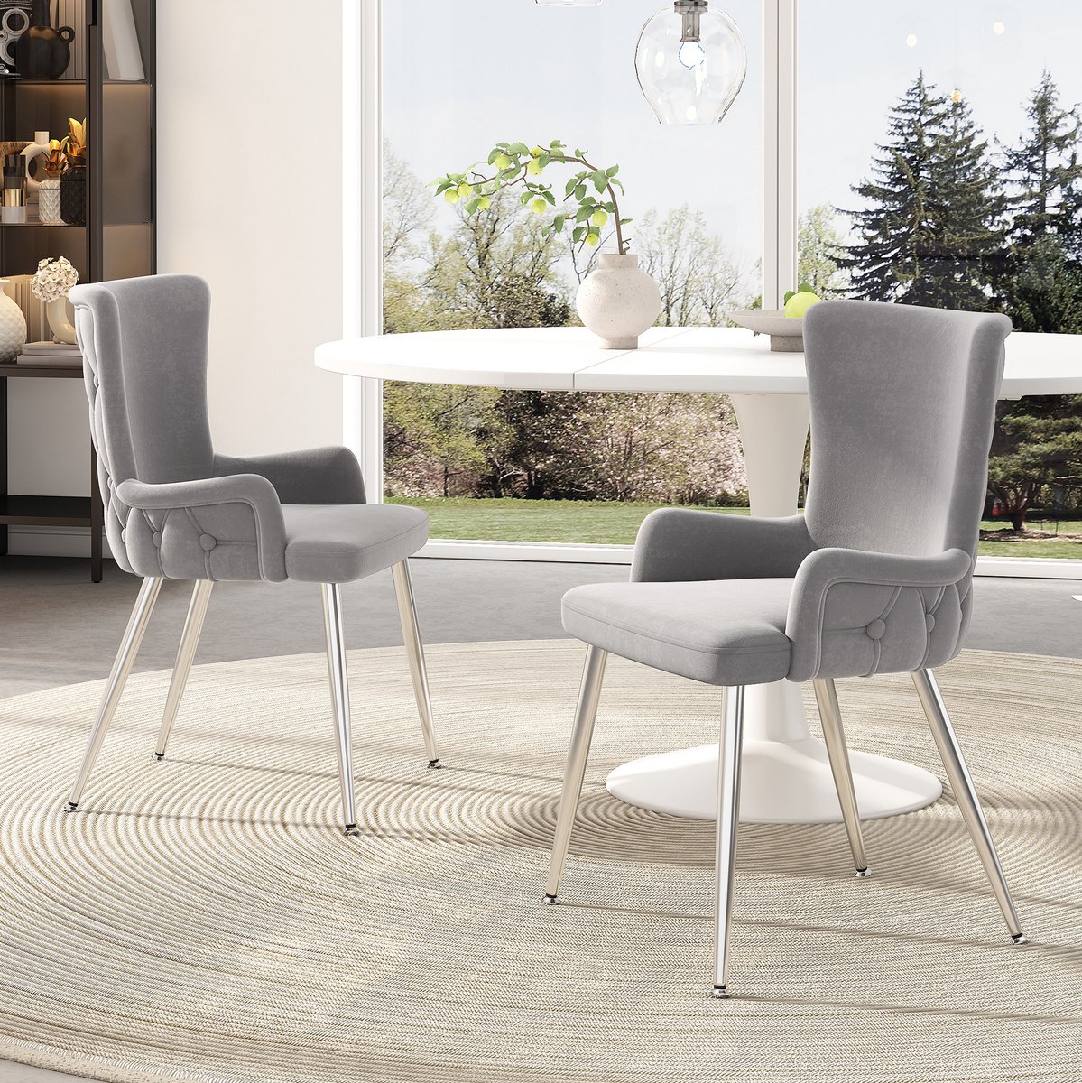 Wishdor Eetkamerstoel set van 2 - Met armleuningen - Hoge rugleuning - Vier metalen poten - Modern design - Eetkamer woonkamer slaapkamer - Velvet - Grijs en zilver - 49 x 55 x 85 cm