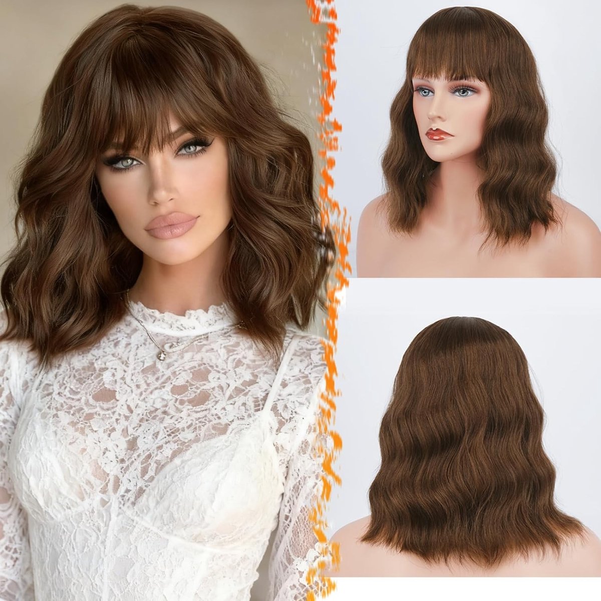 Korte Krullende Bobpermanente met Pony voor Vrouwen - Schouderlengte Synthetische Cosplay Haarstuk voor Feest en Kostuum, Kleurvol en Natuurlijk uiterlijk