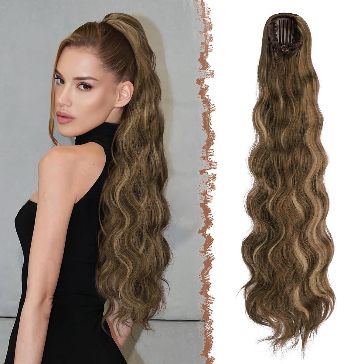 Natuurlijke 75 cm Lange Ponytail Haarstuk met Trekkoord, Synthetische Ponytail voor Vrouwen in Honingblond en Lichtbruin, Ideaal voor Diverse Hairstyling en Gelegenheden