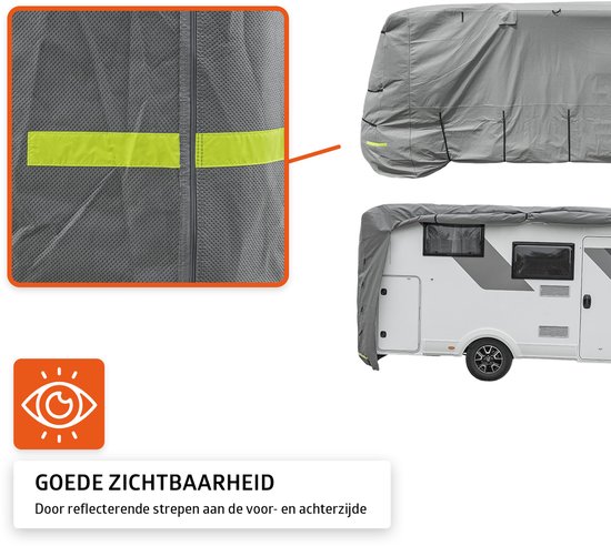 Campout Camperhoes - 700 x 235 x 270 cm - Caravan beschermhoezen - Camperhoezen - Waterdicht en UV-bestendig - 4-laags SFS-stof, 160g/m² - YKK ritsen - Met 6 bevestigingsriemen en Elastische band - Reflecterende Strepen - Inclusief opbergtas - Grijs van Campout — afbeelding 4
