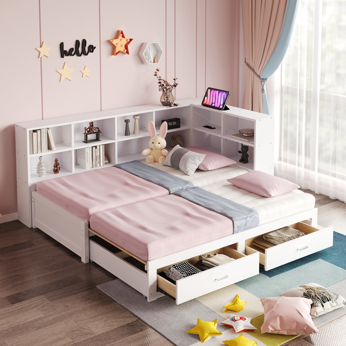 REDOM - Bed - Uitschuifbaar slaapgedeelte - Met opbergruimte en 2 lades - Met lattenbodem en multifunctioneel stopcontact - Modern - Slaapkamer - Hout en MDF - Wit - 216,6 x 201,8 x 82 cm