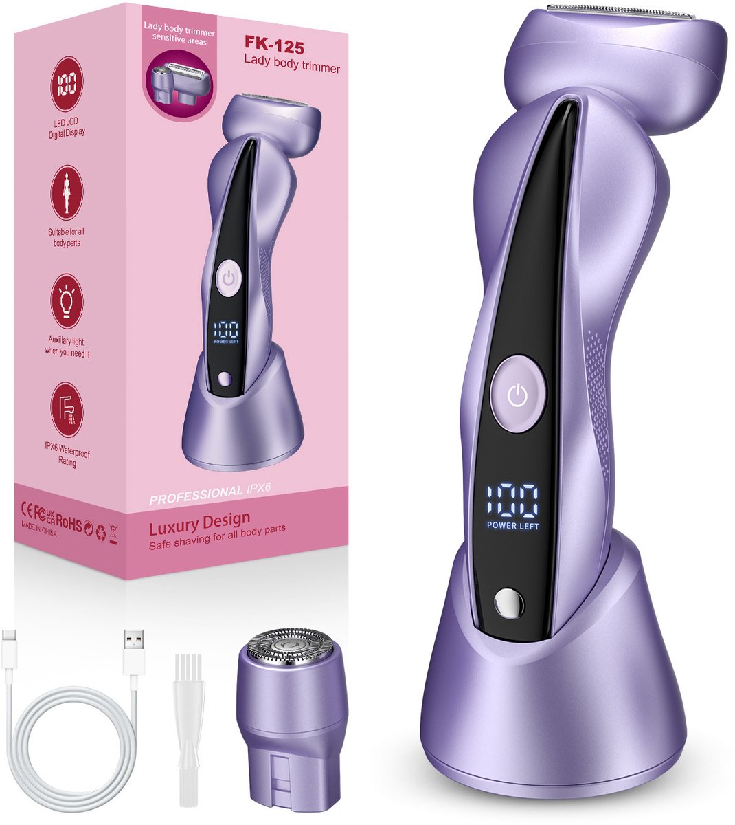 Dames Bodytrimmer, Elektrisch Scheerapparaat voor Vrouwen, 2-in-1 Lichaamshaartrimmer met 3D Gebogen Scheerkop en Ronde Trimmerkop, LED-display, IPX6 Waterdicht, USB-C Oplaadbaar, 120 Min. Gebruikstijd（Paars）