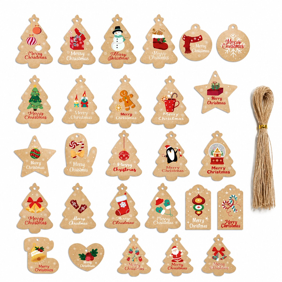 Namajunas - 50 stuks Kerst Cadeaulabels Kraftpapier met touw - Kerstboomversiering - Kerstdecoratie voor Binnen - Bruin - Kerstdecoratie voor Boom, Cadeaus en Huisdecoratie - Cadeauverpakkingen