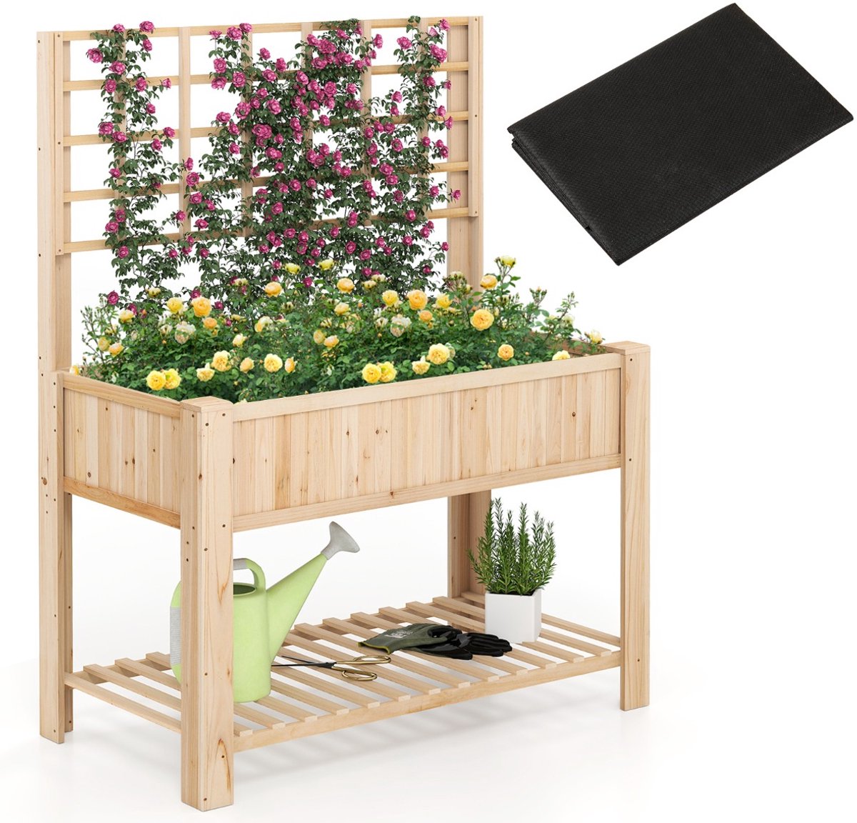 SureDeal® - Verhoogd bloembed met latwerk en plank, bloembed met afvoergaten, tuinbed, plantenbak, hout, bloembak met rankrooster voor klimplanten, tuin, balkon, terras, 116 x 59 x 150 cm, naturel