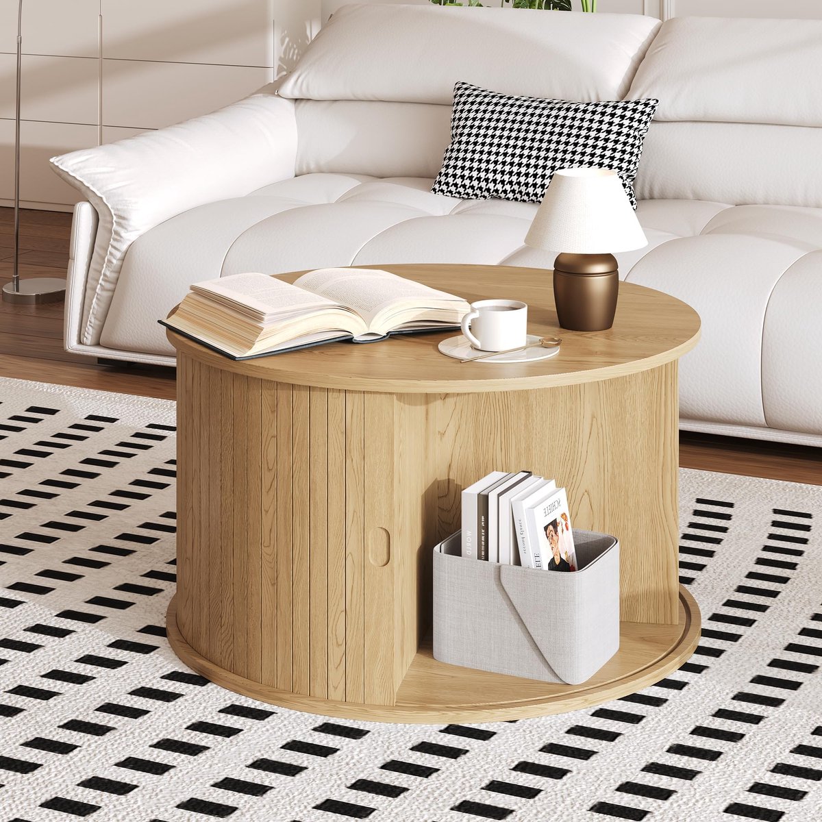 Ronde Salontafel met Schuifdeur En Opbergruimte - 70x70x40cm - Bijzettafel - Geribbeld Design - Ruimtebesparend - Voor Woonkamer Kleine Ruimtes - Houtkleur
