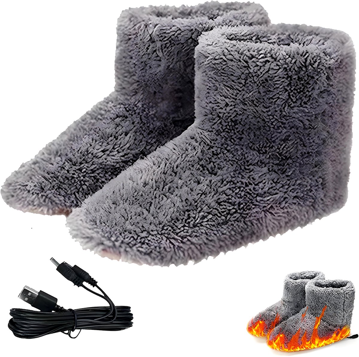Elektrische verwarmde slippers – Antislipzool – Warme schoenen – Pluche warmte – Winterbescherming – Maten 39–43 – USB-verwarming – 27,5*16,5*11 cm – Fleece – Grijs