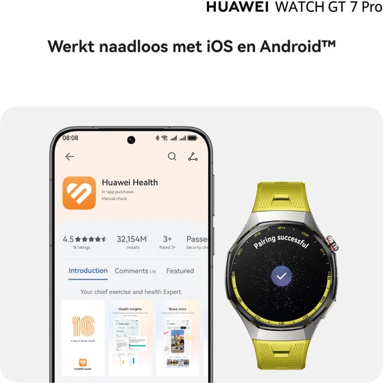 Huawei Watch GT 7 Pro met geel bandje, naast een smartphone die de Huawei Health app toont.