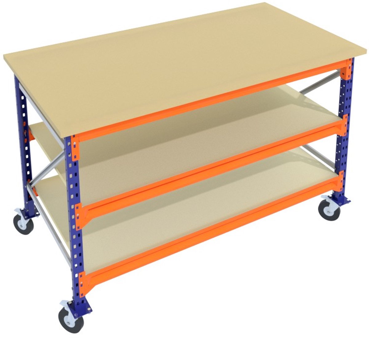 Verrijdbare Werkbank & Inpaktafel mobiel Blauw 135cmx105cm - 3 niveaus (multiplex, zwarte wielen)