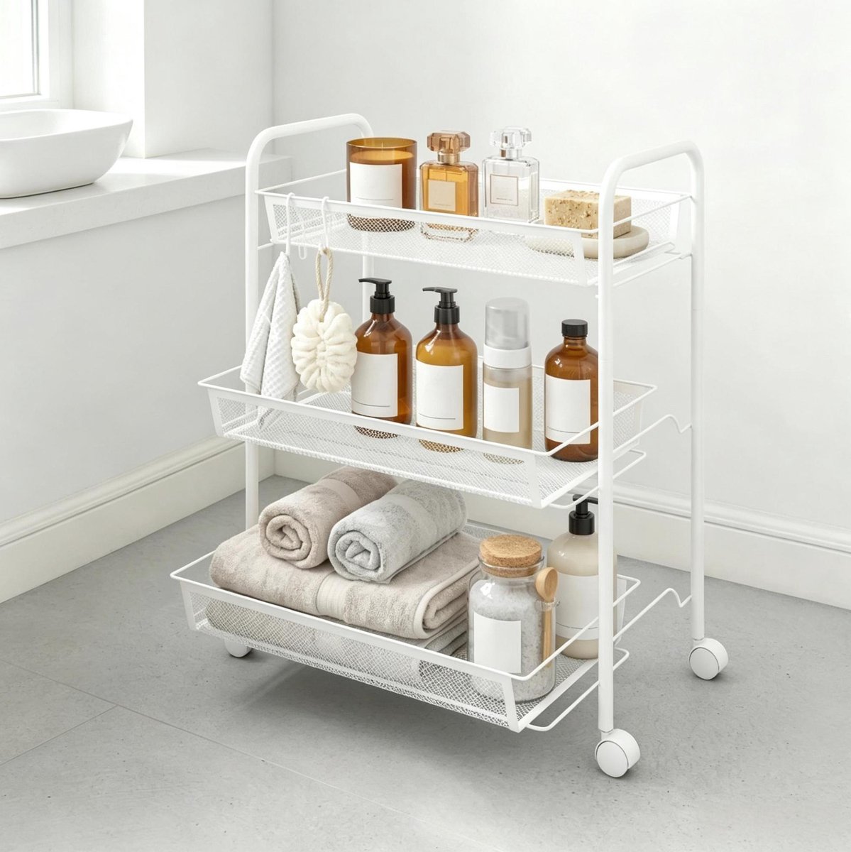 Opbergwagen 3 Laags Met Manden 45 X 26,5 X 63 Cm Staal Wit Op Wielen Voor Keuken En Huishouden Met 4 Haken En Handgrepen