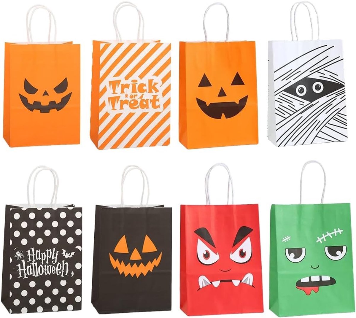 Set van 8 Halloween Snoepzakken van Papier, 15 x 8 x 21 cm, Ideaal voor Feestjes, Cadeaus en Versieringen