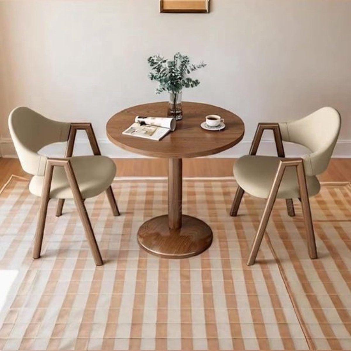 Ronde Eettafel Set - Kleine Eettafel - Gezellig Dineren - Slijtvast Leer - 60cm Diameter - Geel Walnoot