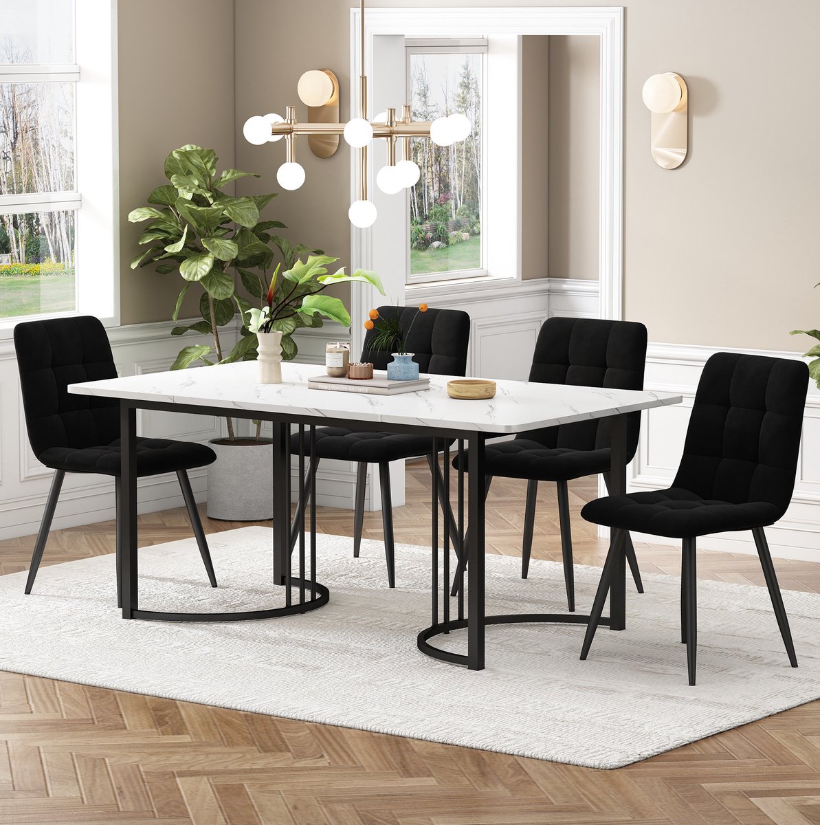 Wishdor Essgroep 5-delig - 4 stoelen - Modern design - Eettafel keuken eetkamer - MDF metaal - Wit zwart - Met verstelbare poten - 140 x 80 x 75 cm