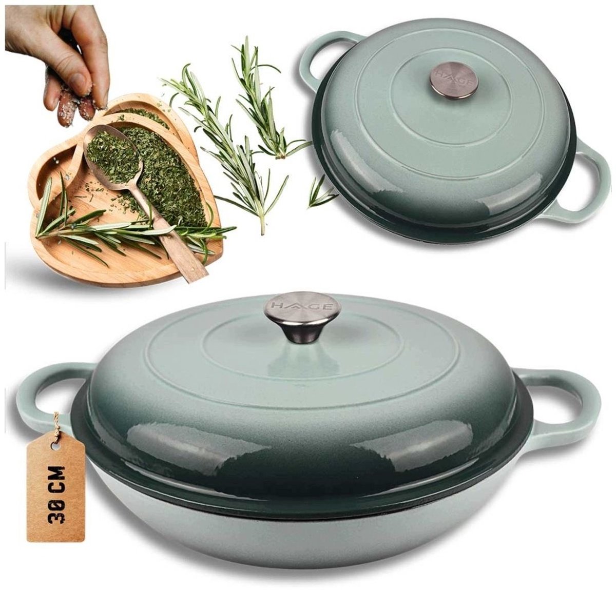 Hage - Braadpan - Lage Gietijzeren Braadpan met Deksel - Geëmailleerd - Oven & Inductie Geschikt - Voor Braden, Stoven en Ovenschotels - 3 Liters - 40.5 x 30 x 10.5 cm - Mintgroen