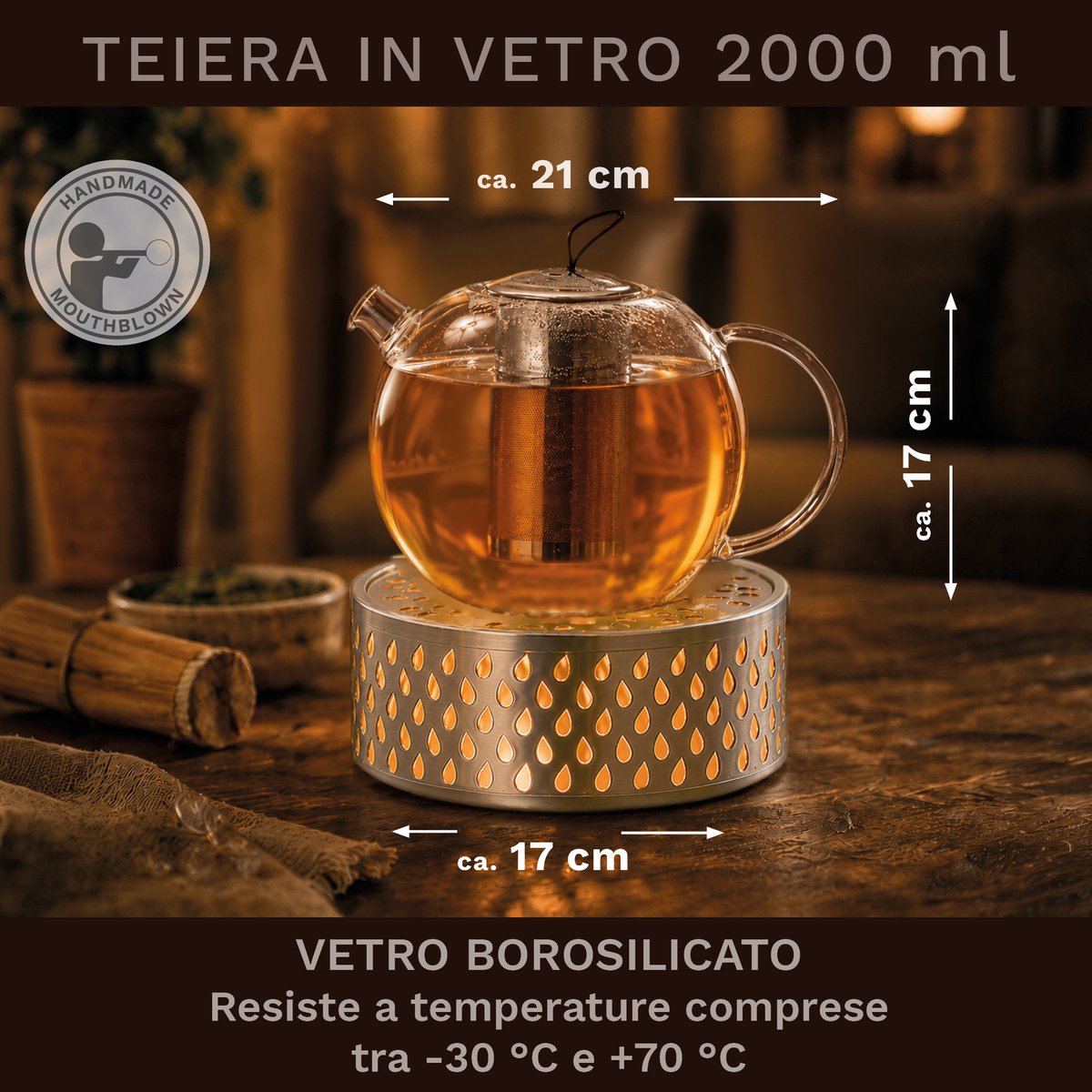 Creano glazen theepot 2,0l Jumbo + een rvs theelicht, 3-delige glazen theepot met geïntegreerd rvs filter en glazen deksel, ideaal voor het zetten van losse thee, druppelvrij — cadeau in Koken & Dineren - foto 4