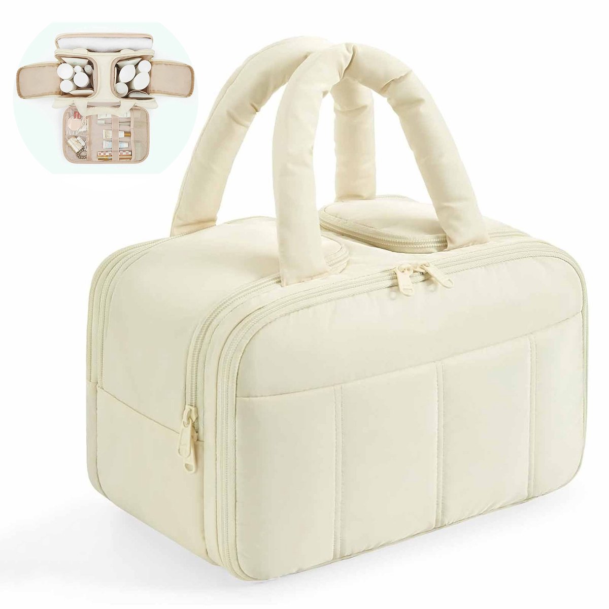 Toilettas voor Dames - Grote Capaciteit Cosmetica Tas met Handvat - Waterafstotend - 4 Vakken met Nat/Droog Scheiding - Beige