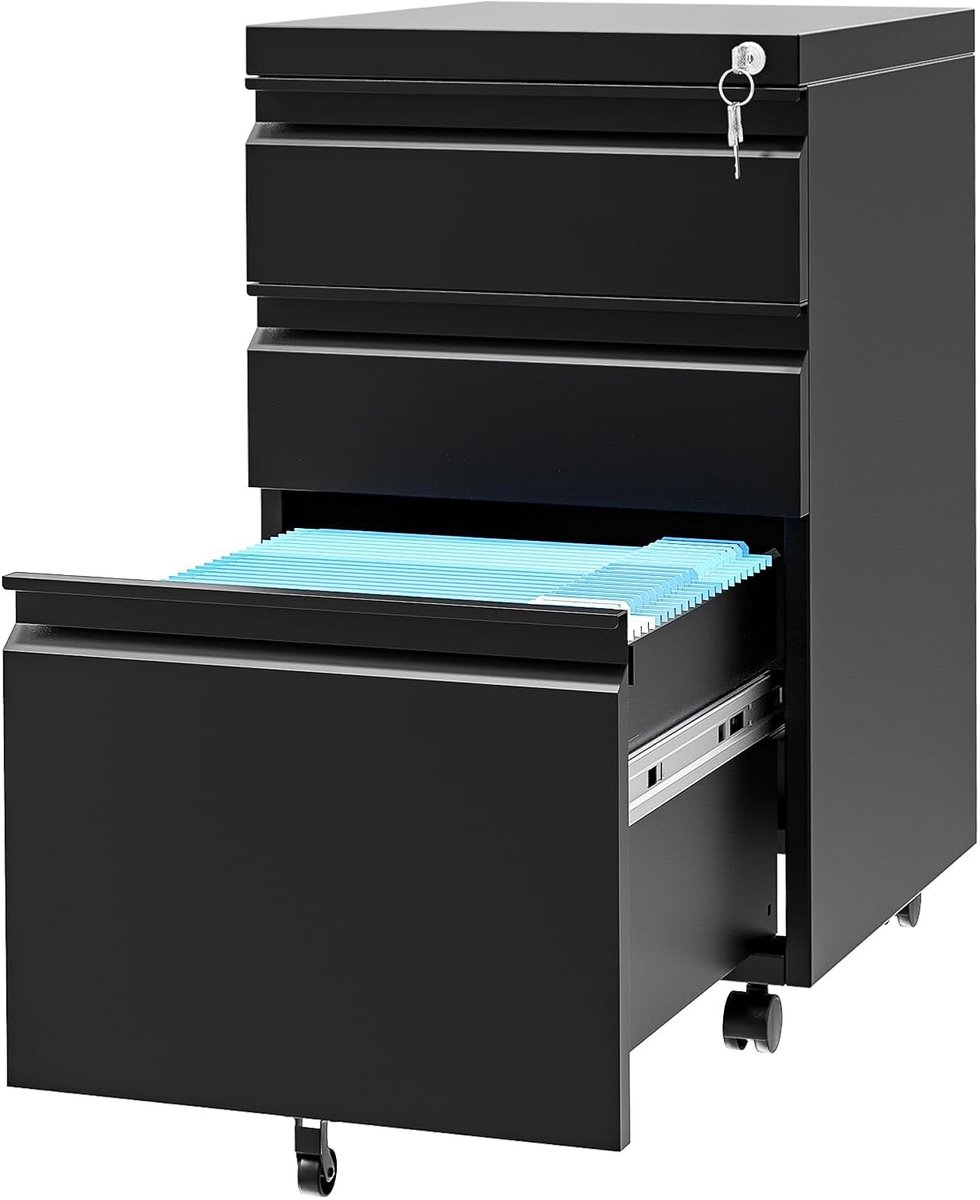 Archiefkast met 3 Laden En Slot - 37x44x60cm - Rolcontainer - Mobiele Dossierkast Van Koudgewalst Staal - Voor A4- En Letterformaat - Afsluitbare Kantoorkast - Zwart