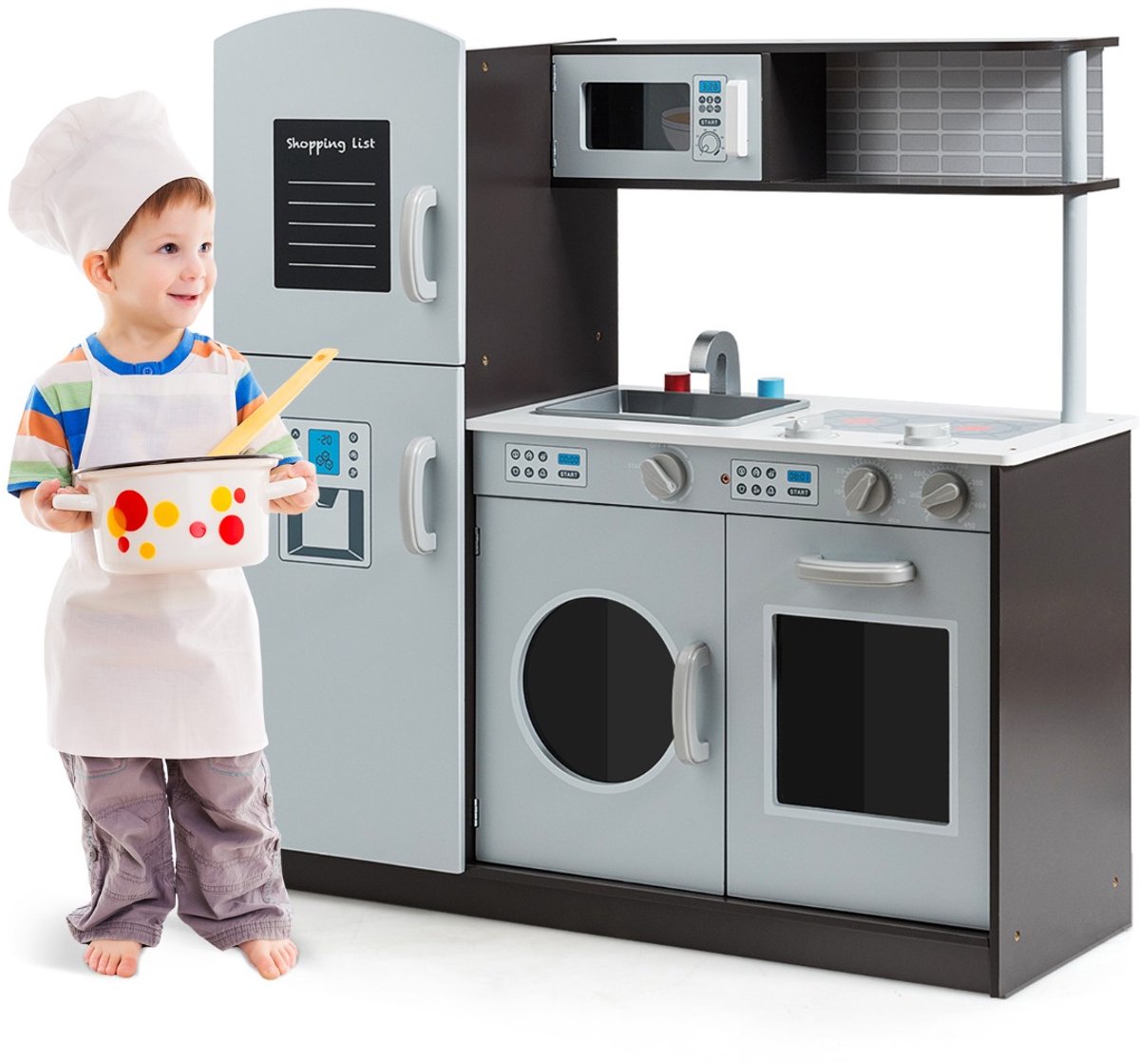 SureDeal® - Rollenspell - Kinderspeelkeuken Hout - Gootsteen - Kraan - Fornuis - Klikgeluiden - 81x27,5x84 cm - Grijs