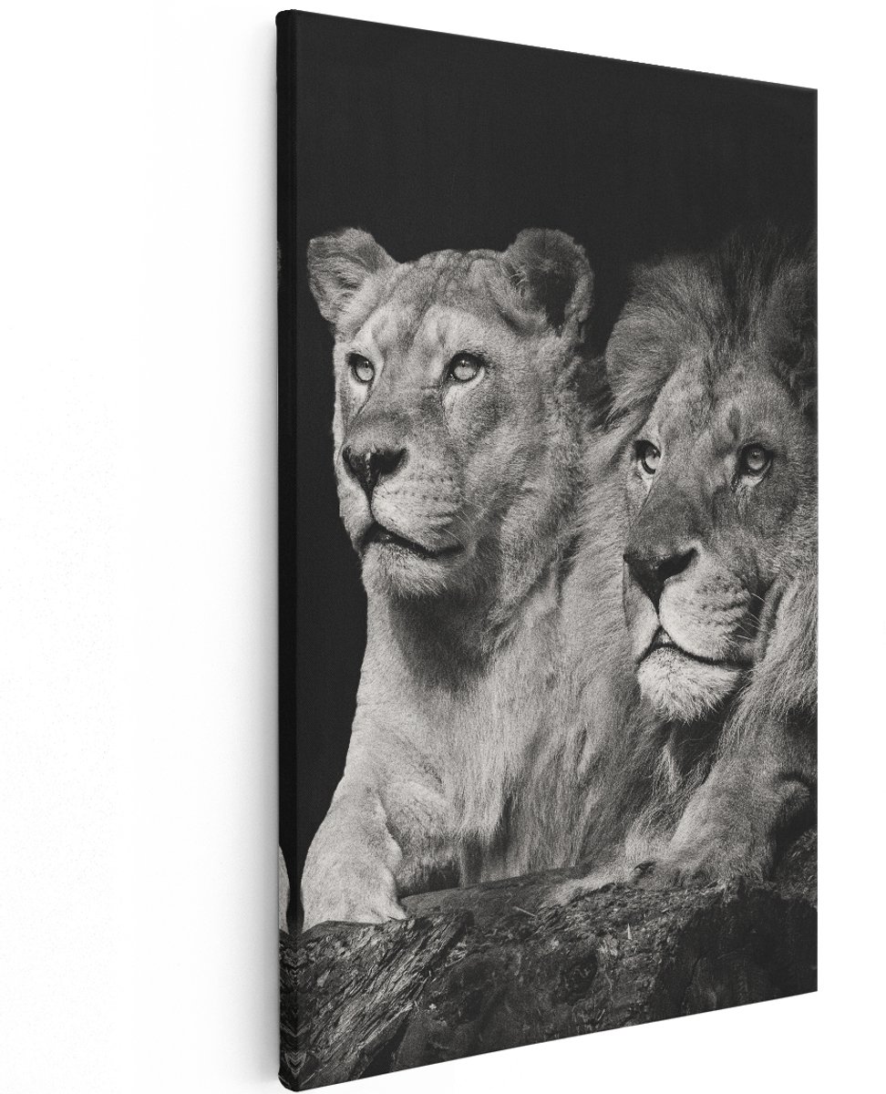 Artaza Canvas Schilderij Leeuw En Leeuwin - Zwart Wit - 120x180 cm - Groot - Wanddecoratie Woonkamer - Schilderijen - Muurdecoratie