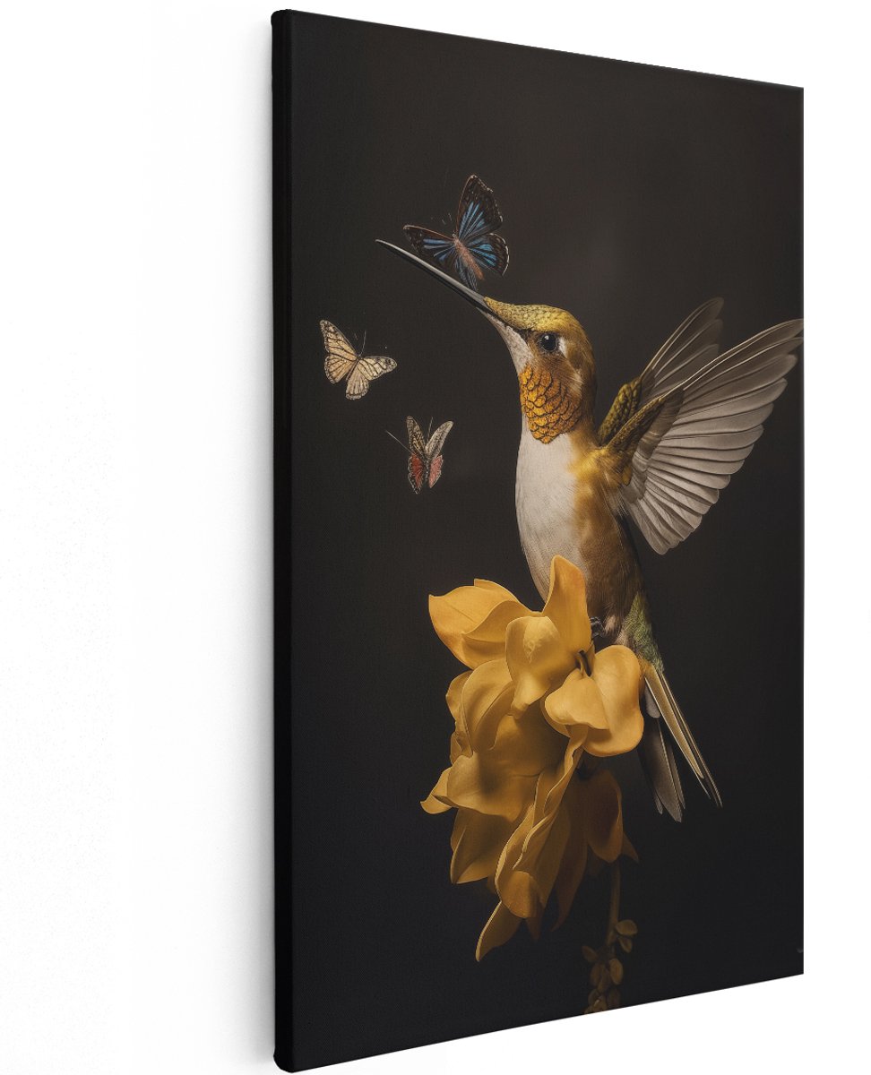 Artaza Canvas Schilderij Kolibrie met Vlinders op een Bloem - Dieren - 120x180 cm - Groot - Wanddecoratie Woonkamer - Schilderijen - Muurdecoratie