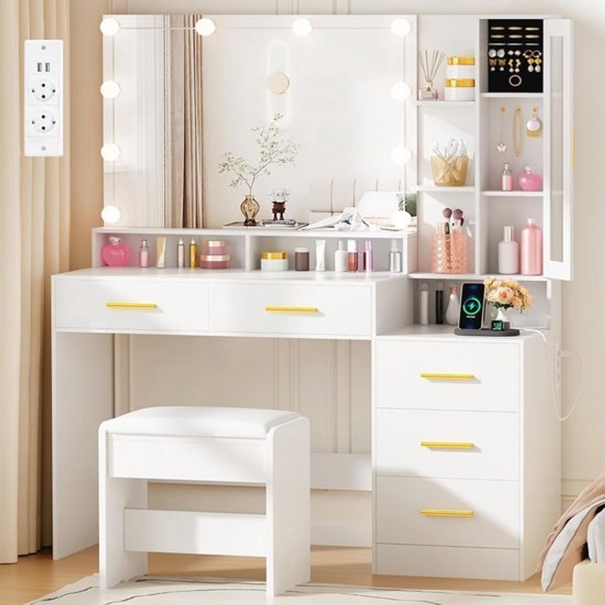 Grote make-uptafel met verstelbare ledverlichting en spiegel - Modern wit ontwerp met 5 laden en oplaadstation