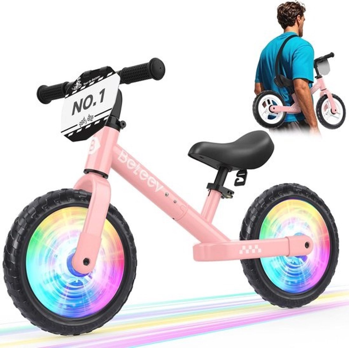 Evenwichtsvoetfiets voor Peuters - 12 Inch Fiets met LED Verlichting, Verstelbaar Stuur en Zadel, Voor Training Leeftijd 2-6 Jaar - Roze