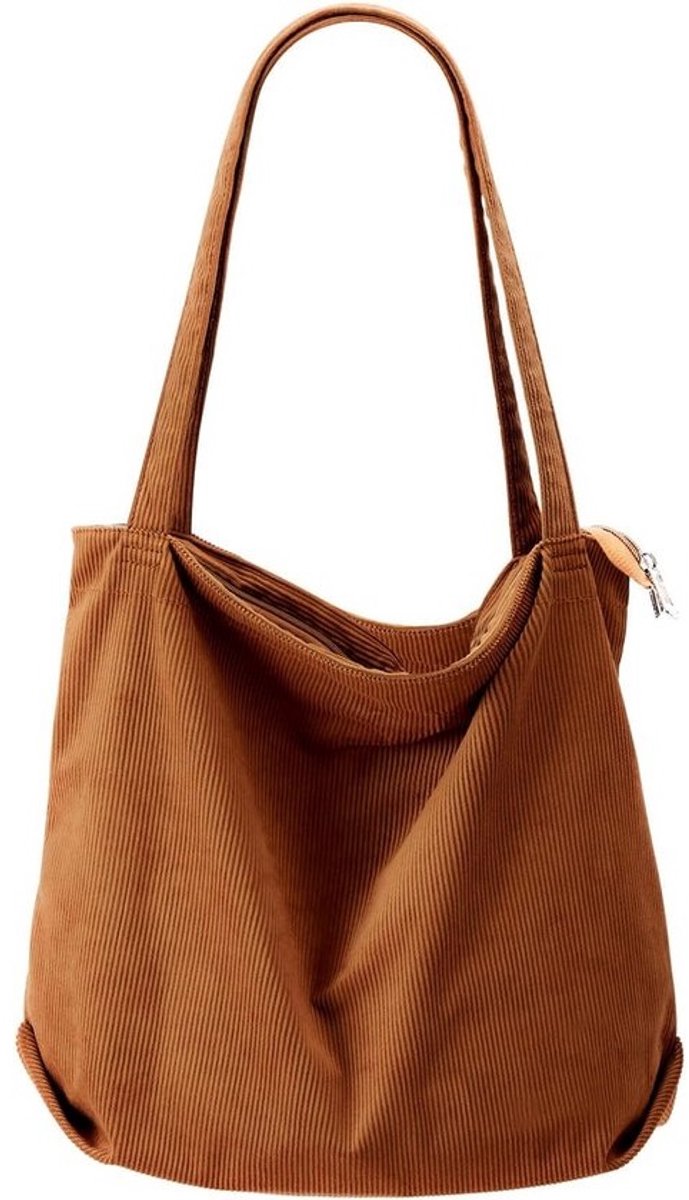 Grote Corduroy Schoudertas voor Dames - Shopper Tas met Rits voor Werk, School en Dagelijks Gebruik