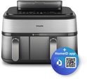Philips heteluchtfriteuse met twee lades, metalen look, met HomeID app icoon.