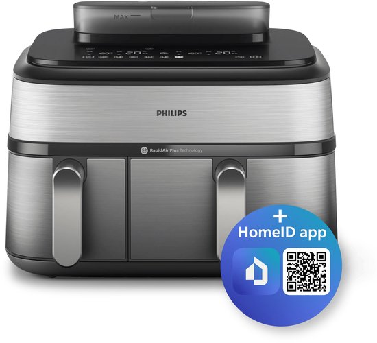 Philips heteluchtfriteuse met twee lades, metalen look, met HomeID app icoon.