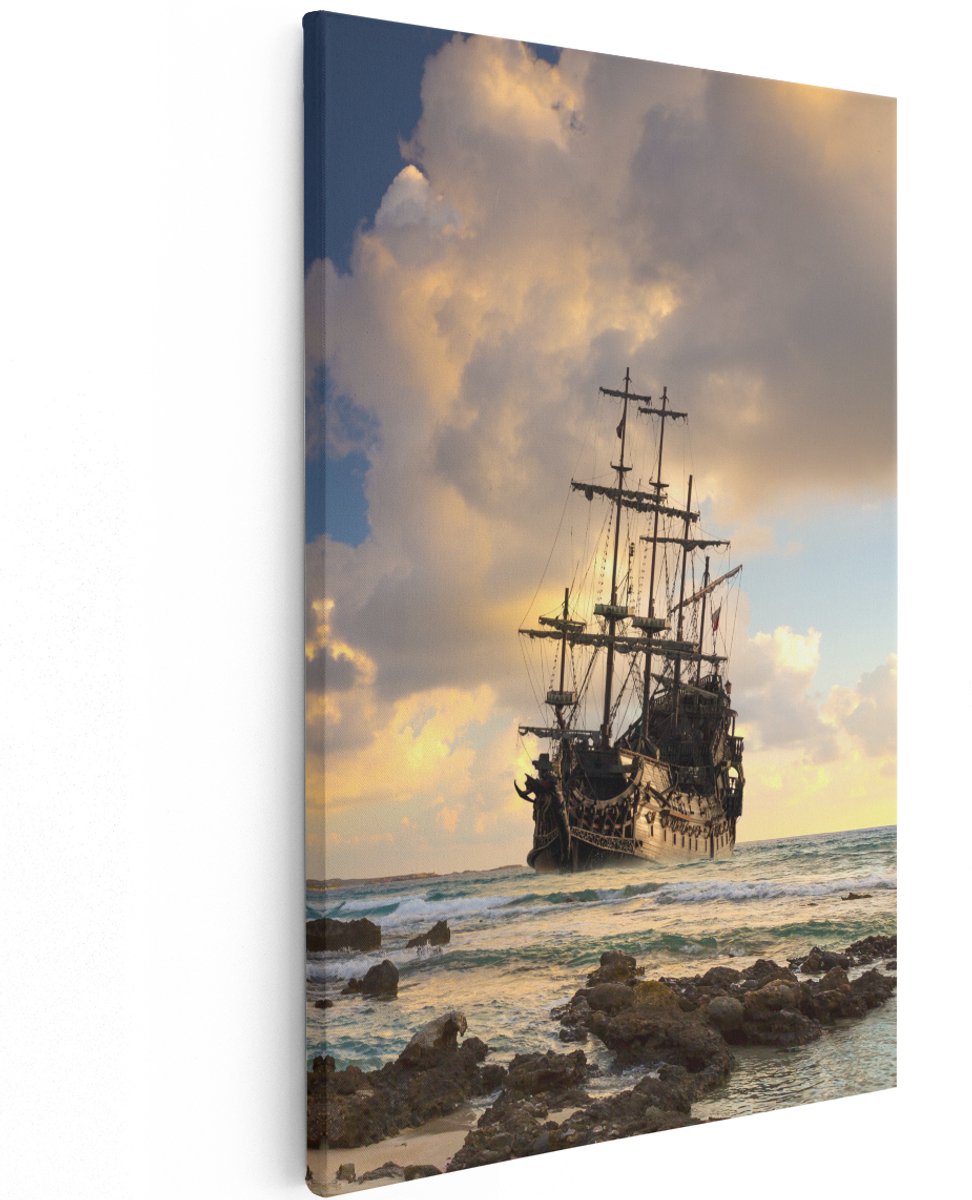 Artaza Canvas Schilderij Piratenschip aan de Kust bij Zonsondergang - 120x180 cm - Groot - Wanddecoratie Woonkamer - Schilderijen - Muurdecoratie