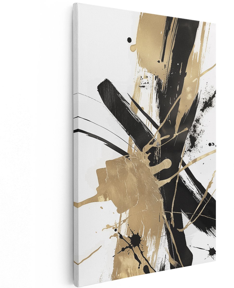 Artaza Canvas Schilderij Abstract Zwarte en Gouden Verfspatten - 120x180 cm - Groot - Wanddecoratie Woonkamer - Schilderijen - Muurdecoratie