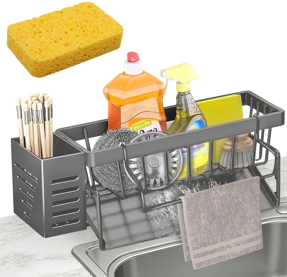 Spoelbak Organizer - Smal model met zelfledigende afvoerbak en vaatdoekhouder voor spons, borstels en zeep - Voor keuken en badkamer - Grijs RVS