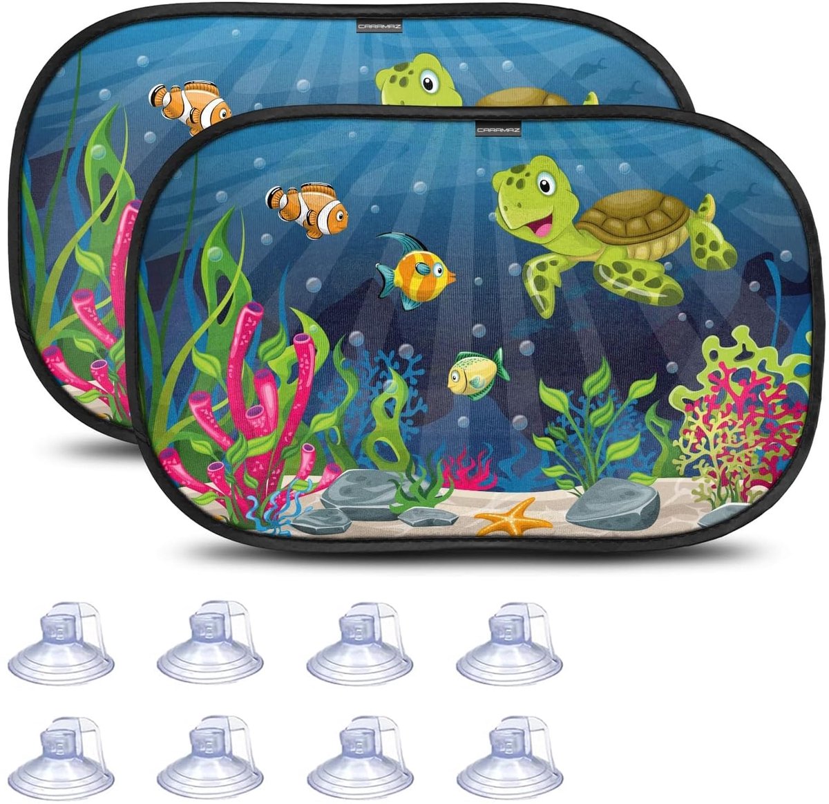 Set van 2 Auto Zonneschermen - Met UV-bescherming en 8 Zuignappen - Voor Baby en Kinderen - Groene Schildpad Motief, 53x33 cm