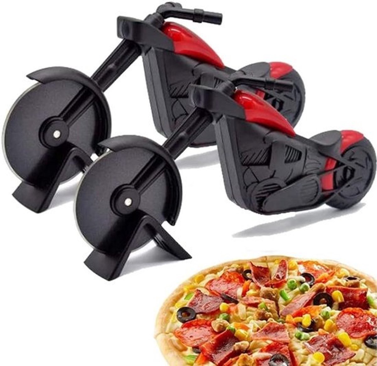 2x Pizza Snijder Motorfiets Vorm - RVS Pizzawiel met Standaard - Scherpe Roller voor Keuken & Cadeau