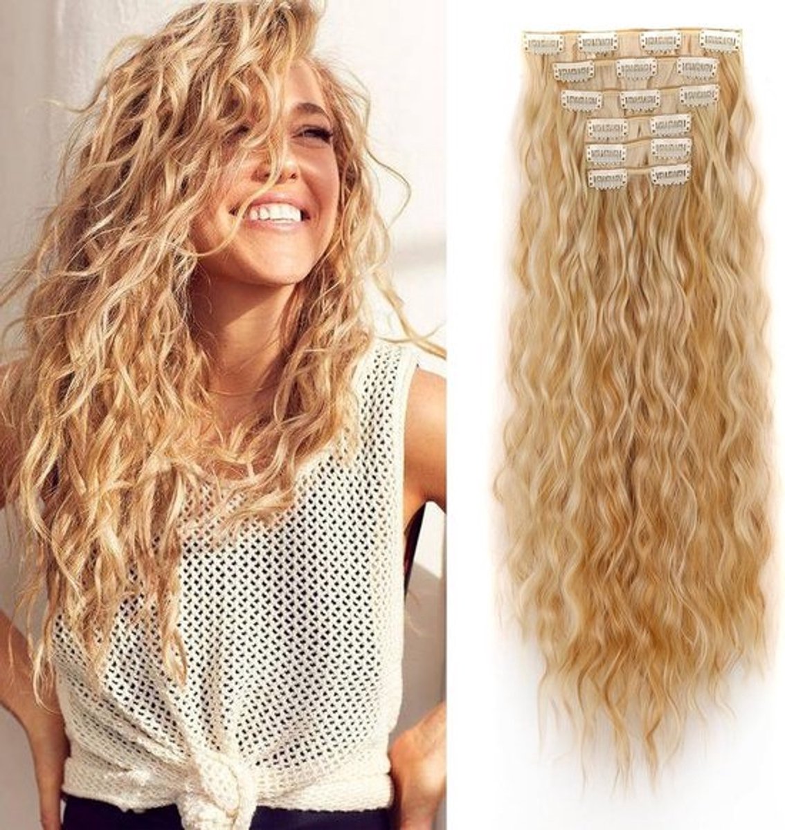 Synthetische Clip-in Haarextensies 50 cm Krullend Golvend Donkerblond Set