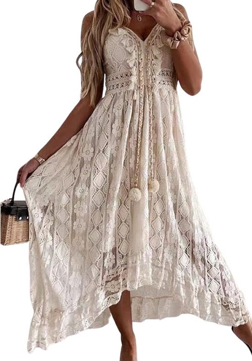 Dames Maxi Jurk met V-Hals Ruches en Strikdetail Mouwloos