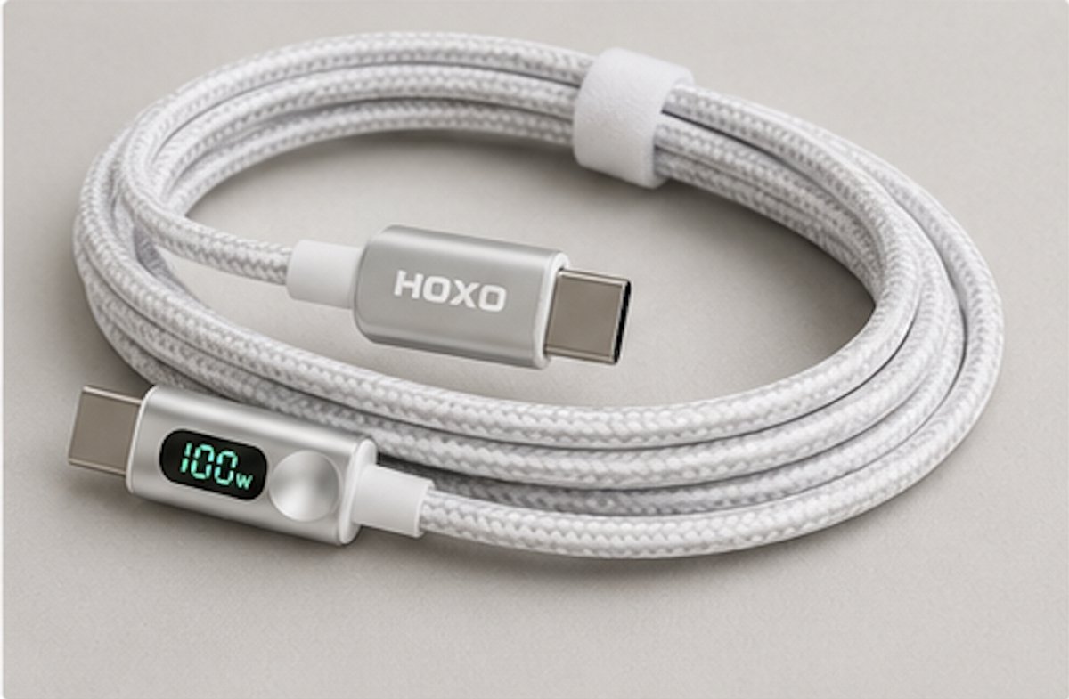 HOXO USB-C naar USB-C Kabel 100W PD – 1 Meter – Digitale Wattage Display – Snelladen – Gevlochten Oplaadkabel – Wit