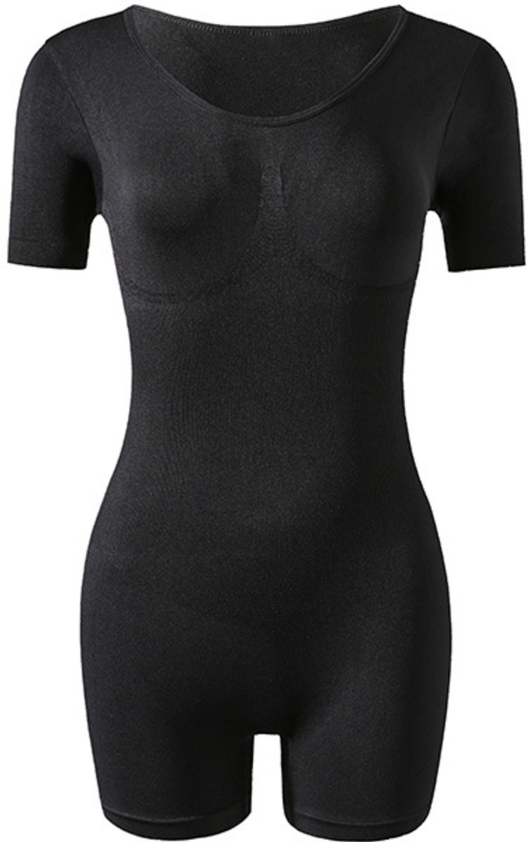 Dames Korte Mouwen Shaping Bodysuit, V‑Hals Naadloze Shapewear, Buikcontrole en Billenlift，Zwart, S