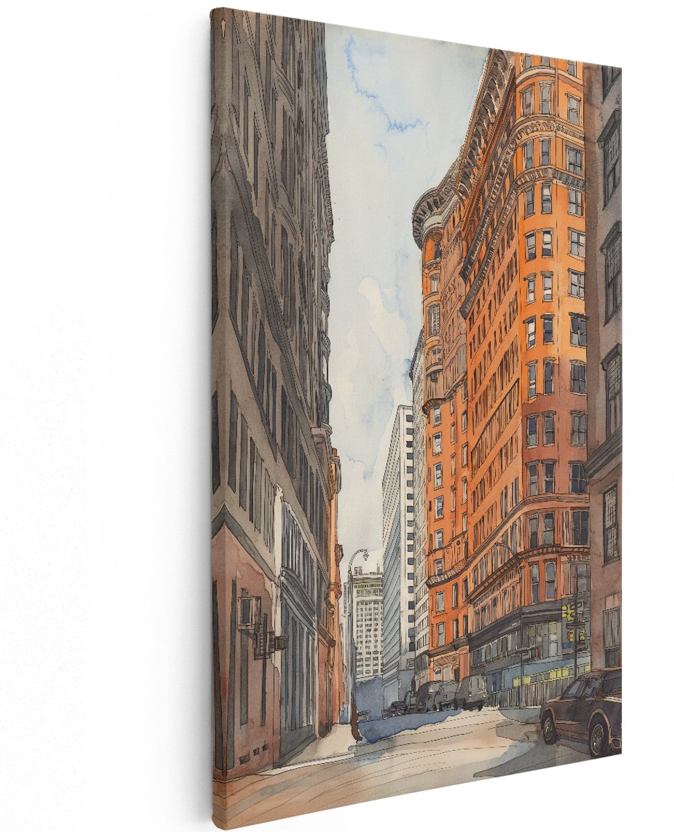 Artaza Canvas Schilderij Stadsgezicht New York - 120x180 cm - Groot - Wanddecoratie Flatiron Building - Muurdecoratie Aquarel - Decoratie Woonkamer