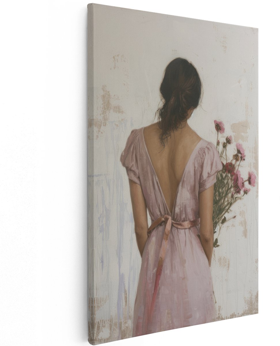 Artaza Canvas Schilderij Vrouw Met Bloemen - 120x180 cm - Groot - Wanddecoratie Romantisch - Muurdecoratie Vintage - Decoratie Roze Jurk